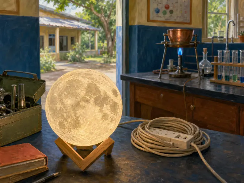 A glowing spherical moon lamp sits on a wooden stand on a workbench beside laboratory glassware and an open doorway.