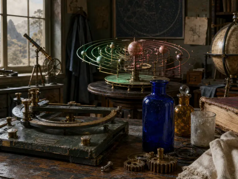 A vintage astronomer study featuring an intricate mechanical orrery, brass instruments, and colorful glass bottles.