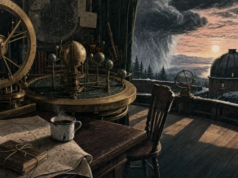 An astronomer's desk with a brass orrery, star charts, and steaming mug overlooking a stormy valley and observatory dome.