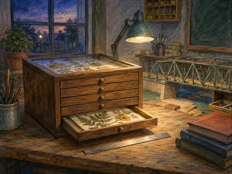 A wooden specimen cabinet with drawers of pressed flowers sits on a workbench beside a model green truss bridge.