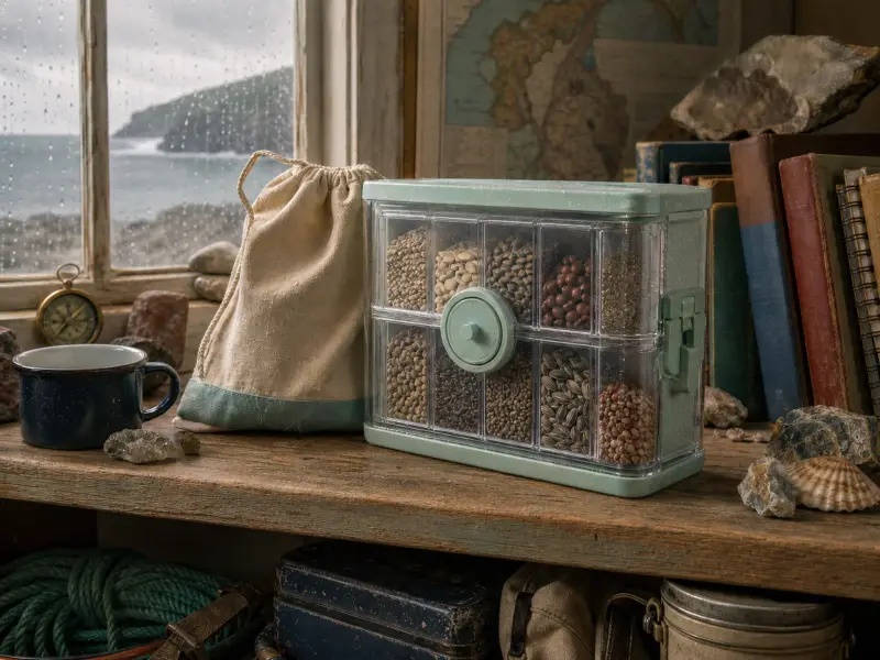 A compartment box filled with botanical seeds sits on a wooden sill beside a rainy window overlooking the sea.