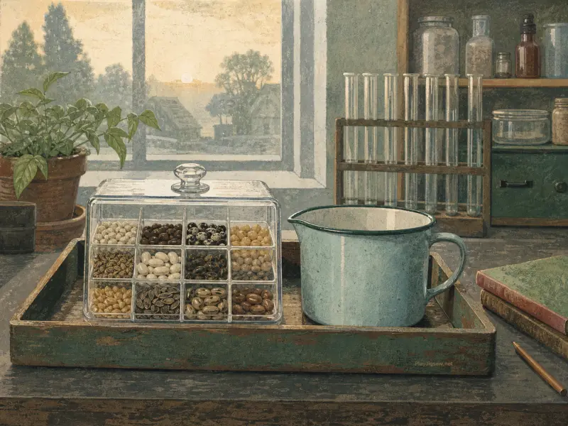 A divided glass box filled with various seeds beside a light blue enamel pitcher on a rustic botany workbench by a window.