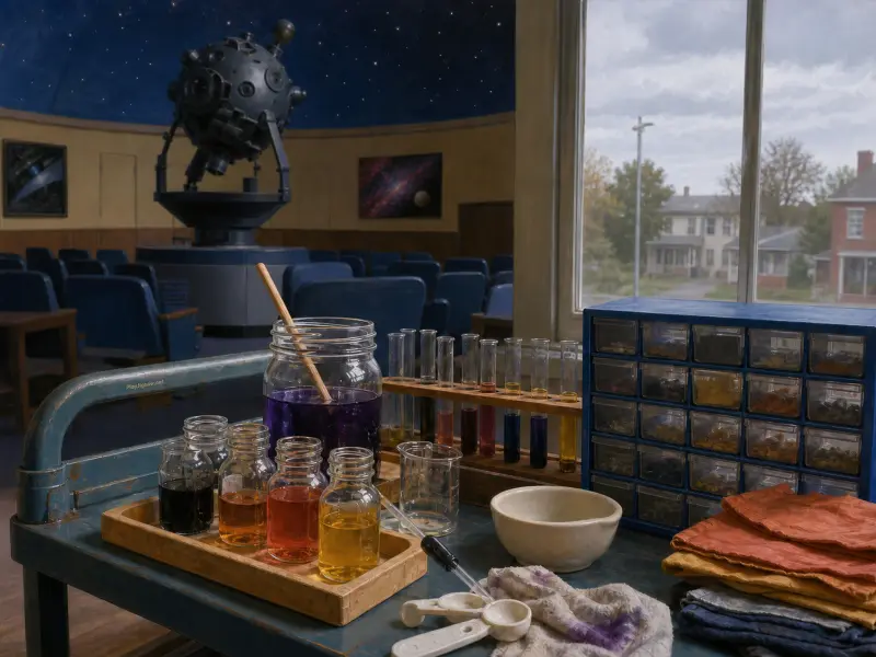 Glass jars and test tubes with colorful dyes on a table in front of a planetarium projector and seating.
