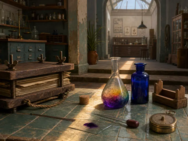 A sunlit apothecary worktable with a rainbow-filled flask, cobalt bottle, wooden press, and vintage tools.