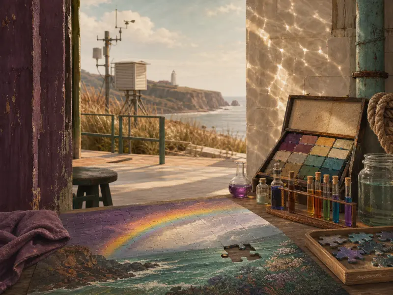 A pigment case, colorful test tubes, and a tabletop puzzle sit before an open view of a coastal lighthouse.
