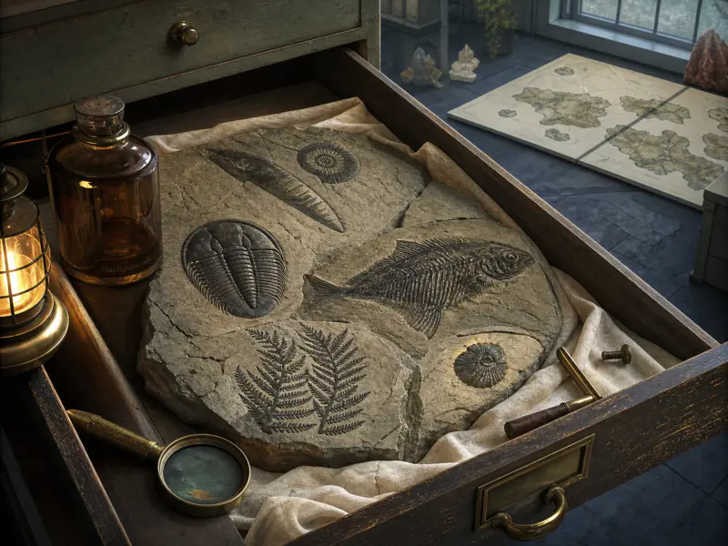 An open wooden drawer lined with cloth holding stone slabs with fossils of a fish, trilobite, ferns, and ammonites.