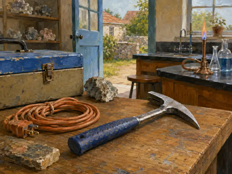 A rock hammer, coiled cord, and toolbox rest on a wooden lab bench near an open blue door and a lit burner.