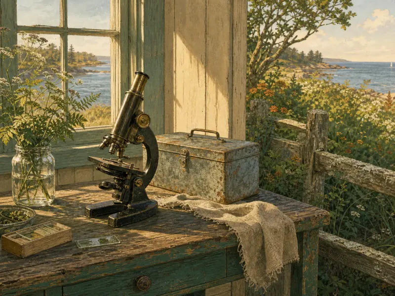 Antique microscope and specimen box on a weathered table by a window overlooking a sunny coastal landscape.