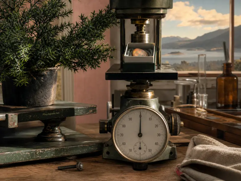 An antique dial gauge measuring a small opal on a workbench beside a potted plant overlooking a lake.