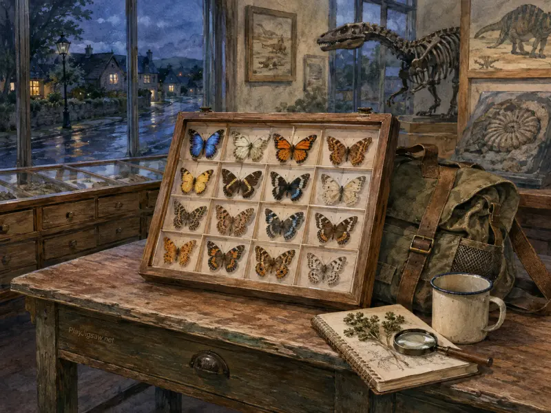A wooden butterfly specimen box sits on a rustic desk beside a rucksack, dinosaur skeleton, and rainy window.