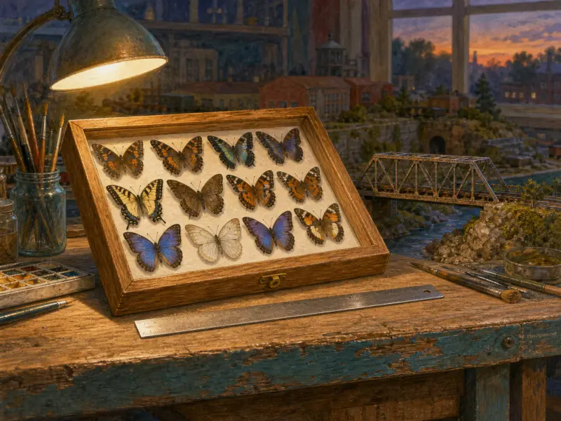 A wooden display case of pinned butterfly specimens under a desk lamp beside a detailed miniature landscape.