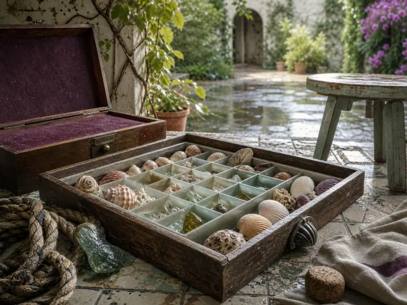 A divided wooden tray filled with seashells and sea glass sits on a wet tiled terrace near an open wooden box.