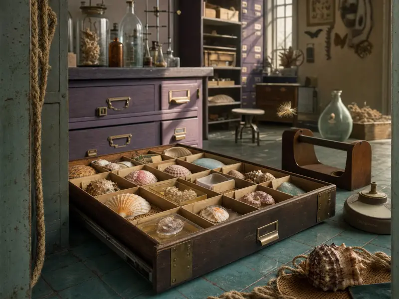 An open wooden specimen drawer filled with seashells sits on a green tile floor in a vintage laboratory.