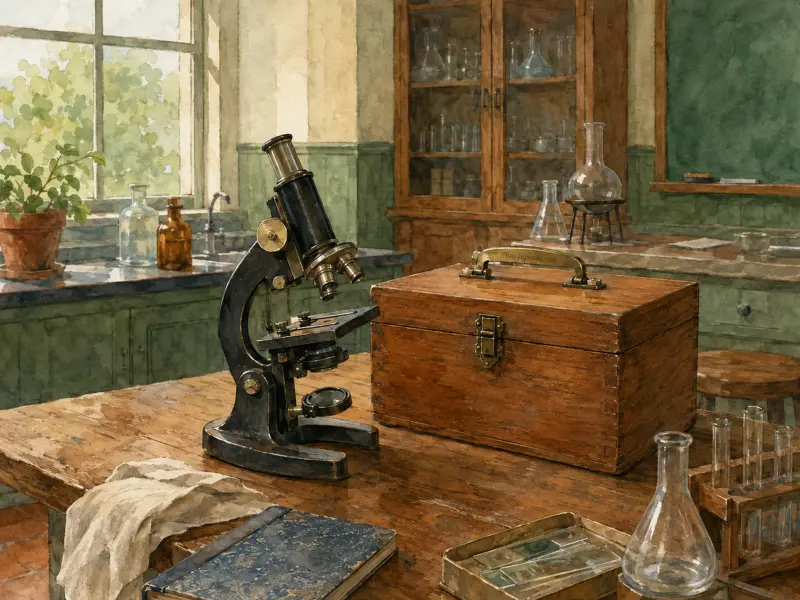 A vintage black microscope and a wooden storage box on a science lab workbench surrounded by glassware.