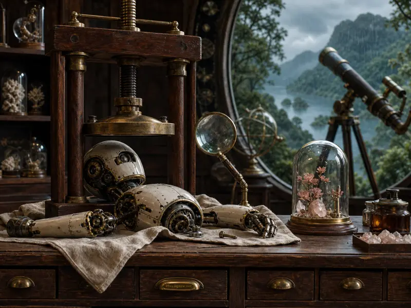 A miniature robot rests on a wooden workbench beside a press and a round window overlooking misty mountains.