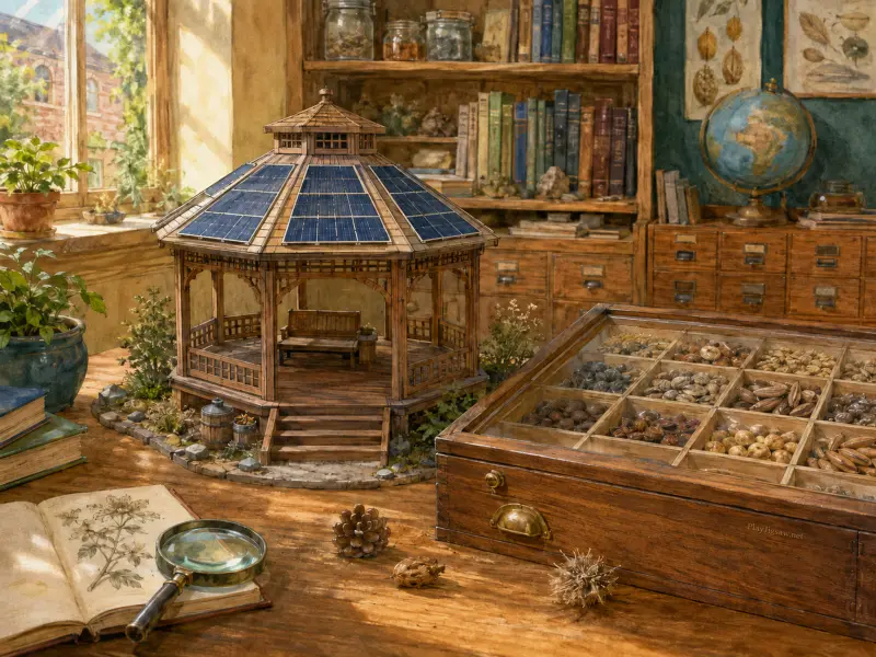 Miniature wooden gazebo with solar panels on its roof beside a seed specimen case and an open botanical book.