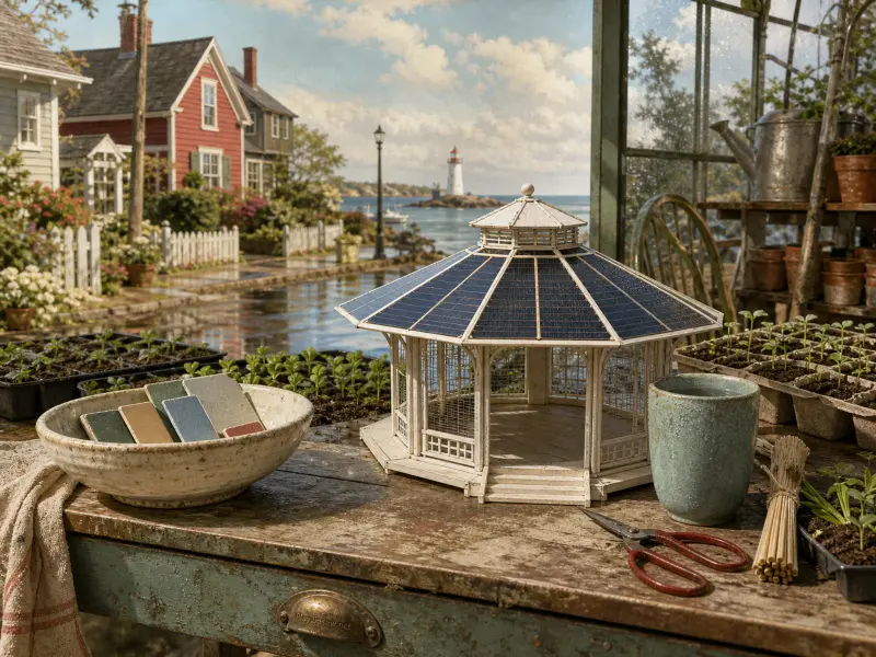 Miniature gazebo model with solar panel roofing set on a potting bench overlooking a coastal town and lighthouse.