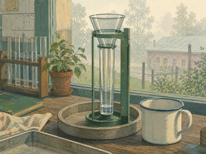 A glass rain gauge in a green metal stand sits on a wooden windowsill beside a white mug and potted plant.