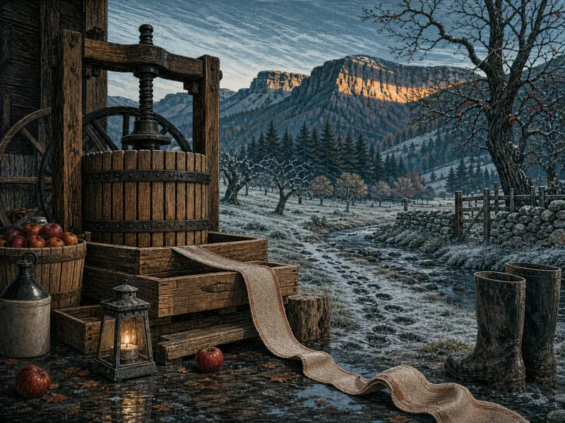 A wooden cider press with red apples and a glowing lantern overlooks a frosty mountain valley and stream.