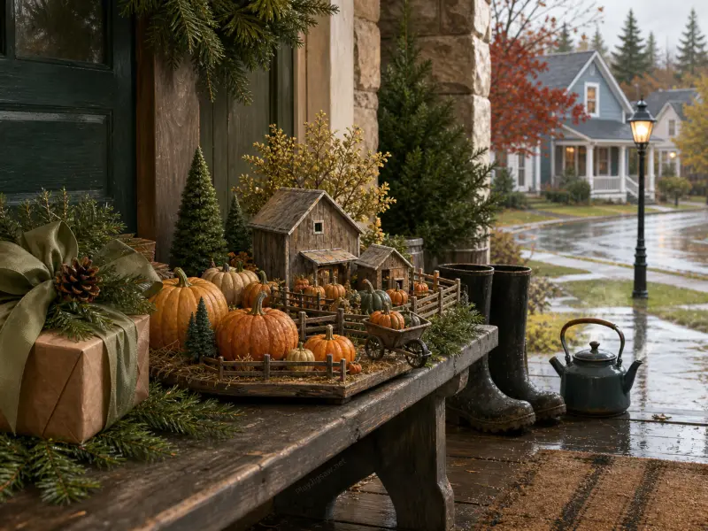 Miniature wooden barn and orange pumpkins displayed on a rustic porch bench during a rainy autumn day.