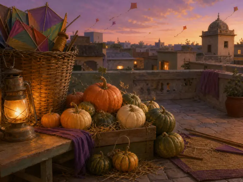Pumpkins, a glowing lantern, and a basket of kites sit on a stone rooftop overlooking flying kites at sunset.
