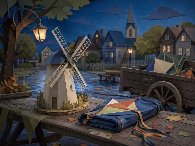 A miniature papercraft windmill and folded kite sit on an outdoor wooden table before a twilight village scene.