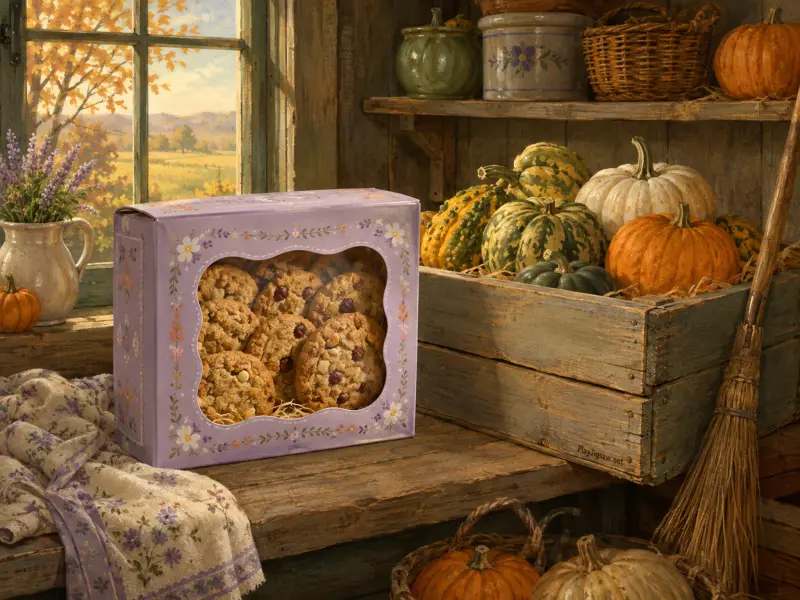 A lilac box of cookies rests on a rustic wooden bench next to a crate of autumn pumpkins by a sunny window.
