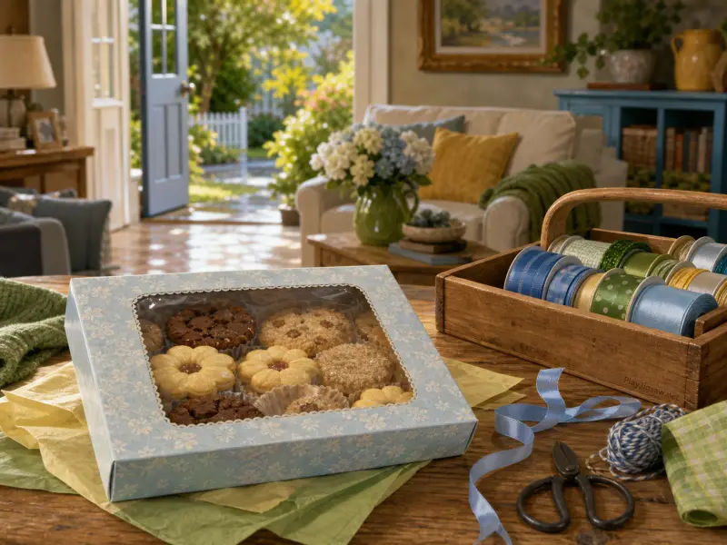 A box of assorted cookies rests on a wooden table with ribbons and scissors before an open door to a sunny garden.