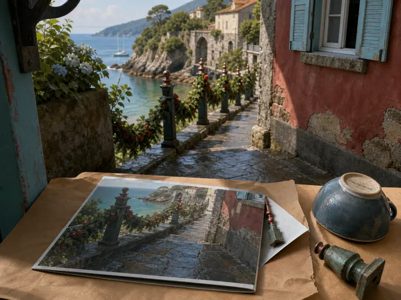 A festive garland-draped stone pathway descending along a coastal cove beside a rustic red building.