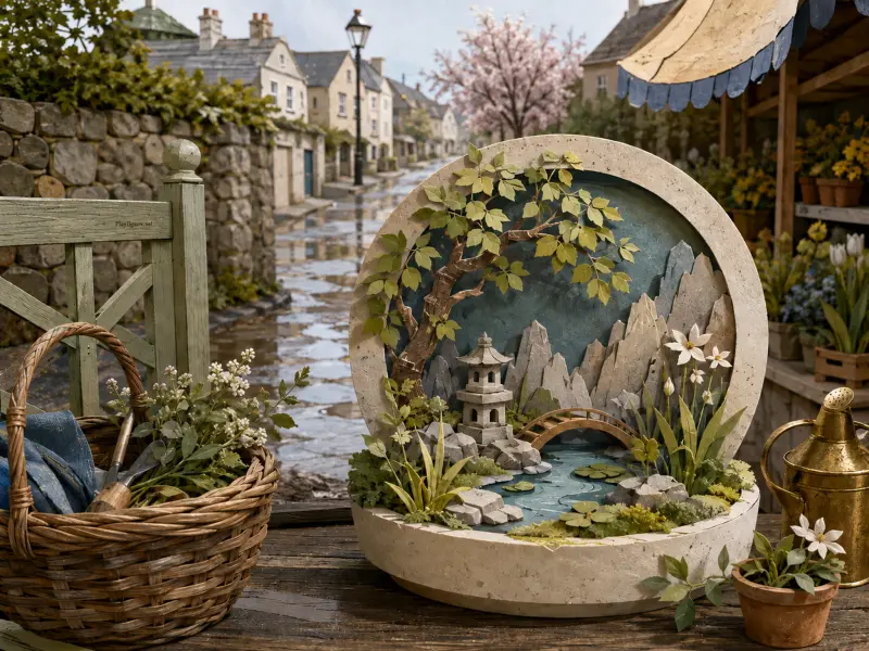 A miniature papercraft zen garden sculpture on a wooden table overlooking a wet cobblestone village street.