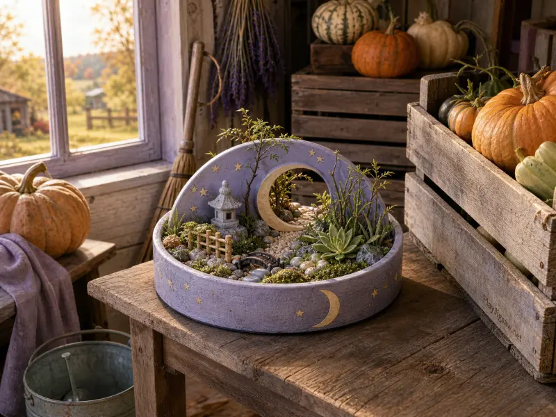 A miniature Zen garden tray with tiny plants and stone lantern sitting among autumn pumpkins on a wooden table.