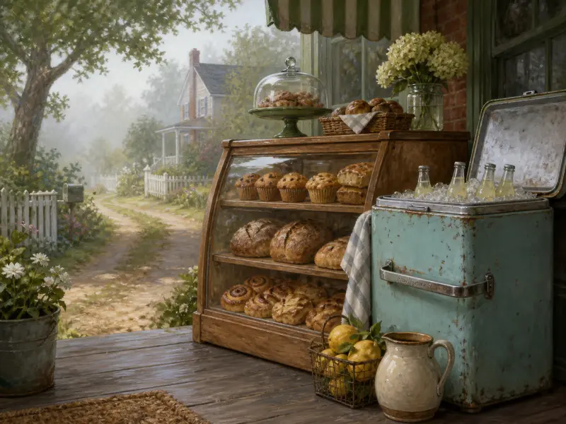 A wooden pastry cabinet and vintage turquoise cooler sit on a wooden porch overlooking a misty country road.