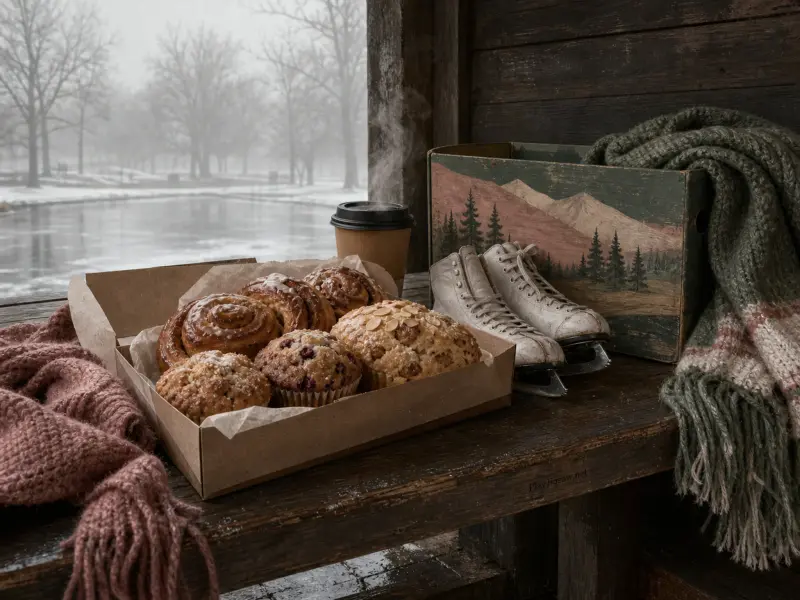 A box of fresh pastries, steaming coffee, white ice skates, and cozy scarves sit on a bench by a frozen lake.