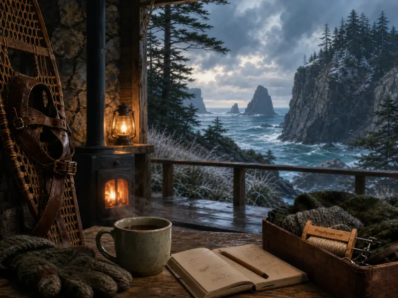A cozy porch table with a warm drink and notebook overlooks rocky sea stacks and a stormy ocean in winter.