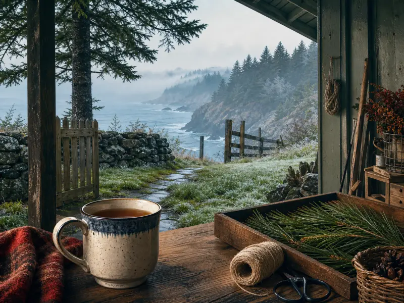 A ceramic mug rests on a rustic wooden porch table overlooking a misty pine-covered coastline and ocean.