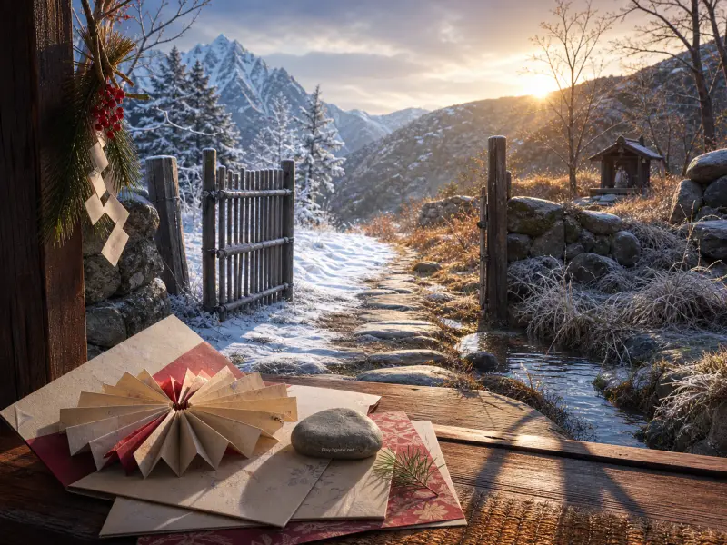 Folded paper craft on a wooden porch overlooking an open rustic gate, stone path, and snowy mountains at sunrise.