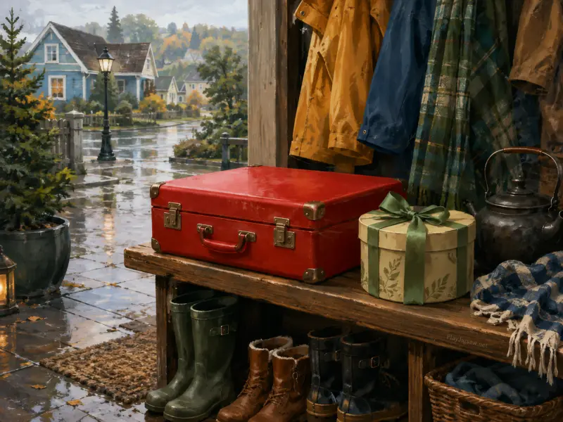 A red suitcase and round gift box rest on a wooden porch bench overlooking a rainy village street.