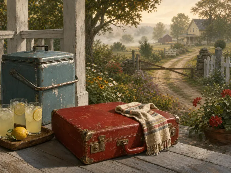 A vintage red suitcase, blue metal cooler, and glasses of iced lemonade sit on a porch overlooking a country farm.