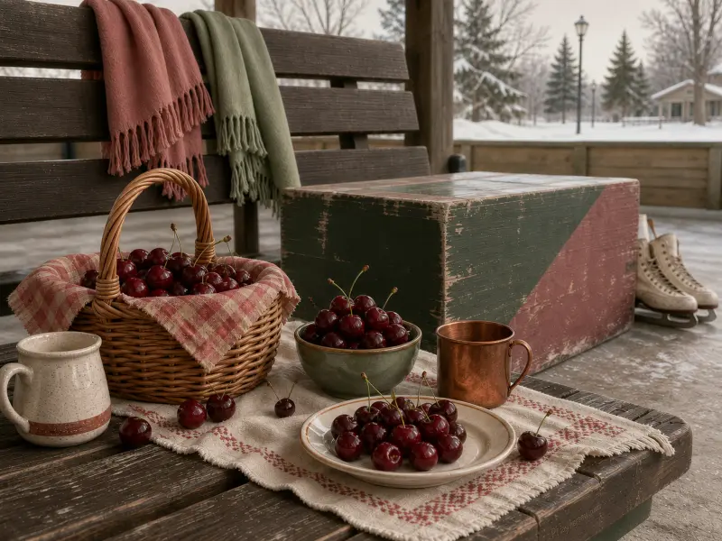 Fresh dark cherries, cozy mugs, and blankets on a wooden bench with ice skates and a snowy park background.