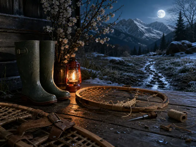 A lantern, green rubber boots, and snowshoes on a rustic porch overlooking snowy mountains under a bright full moon.