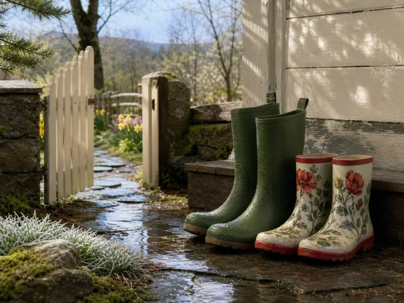 Two pairs of rain boots sit on wet flagstones beside a white gate opening to a sunlit spring garden.
