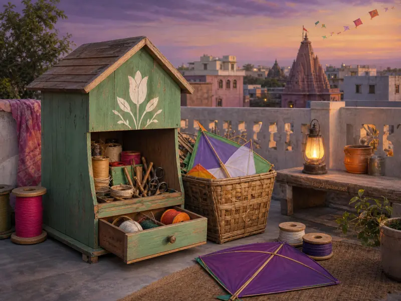 A rooftop workshop with colorful paper kites, thread spools in a small green cabinet, and distant temple spires at sunset.