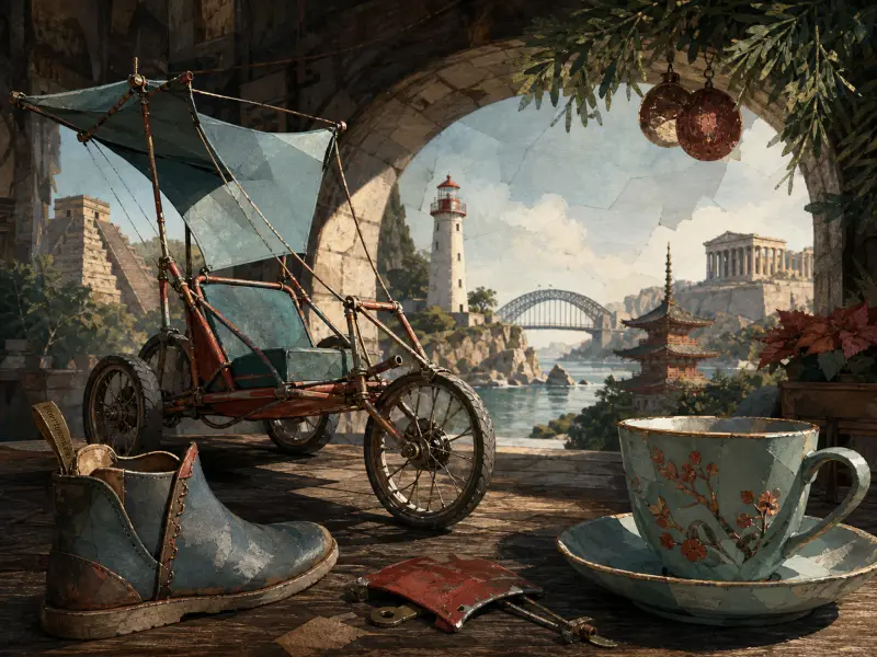 A teacup, boot, and small wheeled cart sit on a ledge overlooking a coastline dotted with famous world monuments.