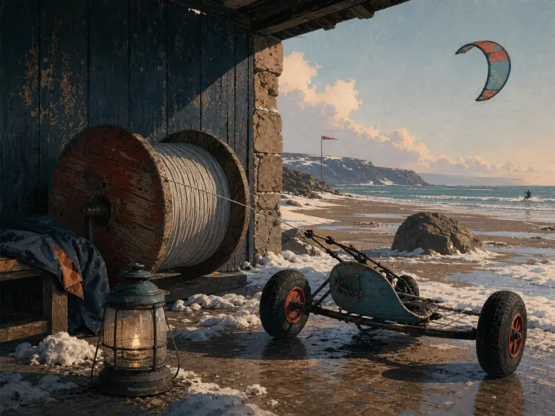 A kite buggy and glowing lantern rest beside a rustic coastal shelter as a kitesurfer rides the distant sea.