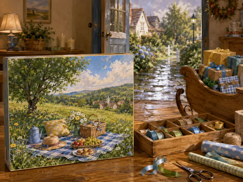 A wooden table with gift wrapping supplies and a picnic painting sits before an open door leading to a cottage garden.