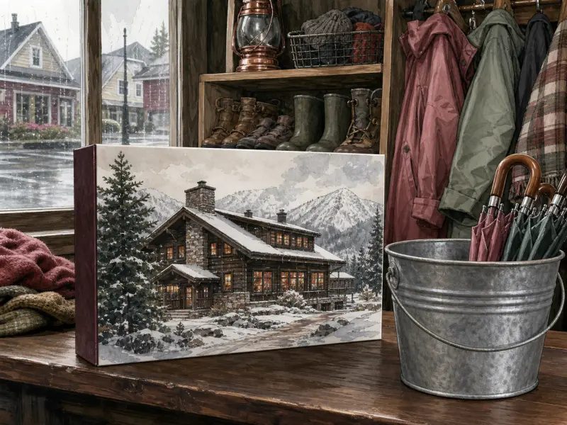 A snowy cabin illustration on a bench in a rustic entryway with coats, boots, and umbrellas in a bucket.