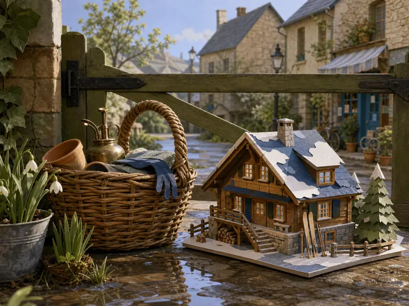 Miniature snowy chalet and a woven wicker garden basket on wet cobblestones before a stone village street.