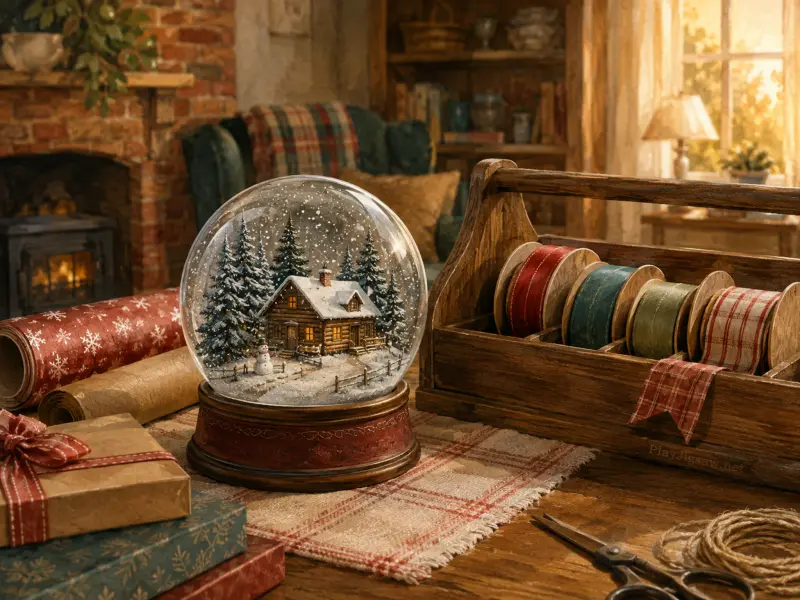 A glass snow globe with a winter cabin rests among ribbon spools, wrapping paper, and gifts on a wooden table.
