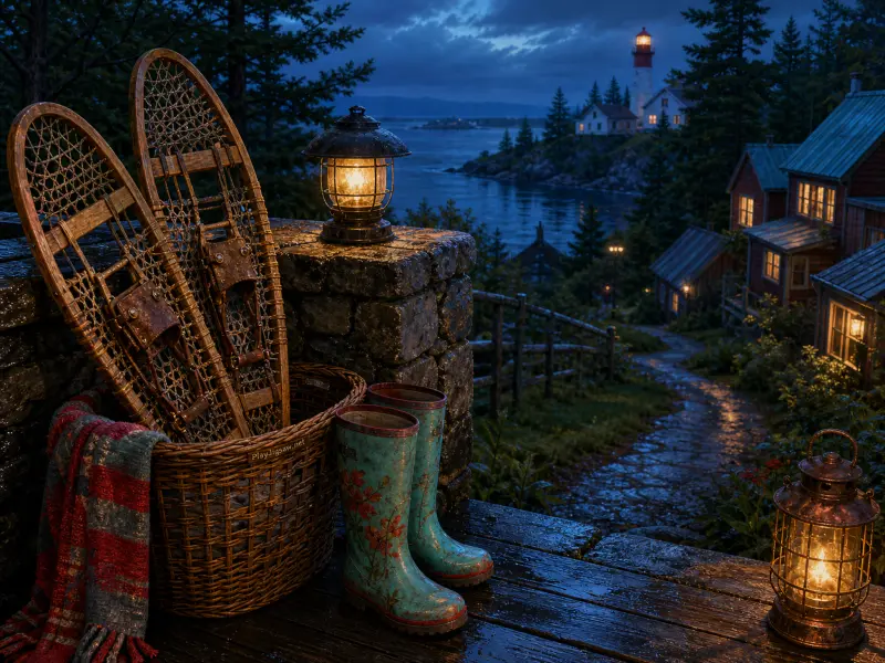 Wooden snowshoes and floral boots on a wet porch with glowing lanterns overlooking a coastal village and lighthouse.