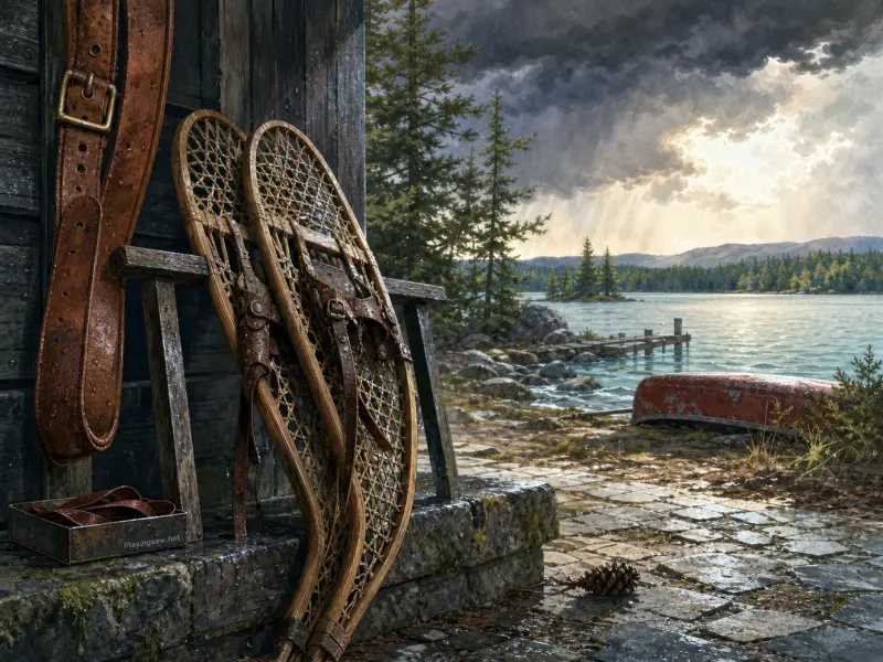 Traditional wooden snowshoes lean by a rustic cabin patio overlooking a stormy lake with an overturned canoe.